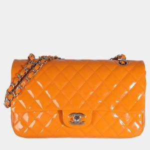 Chanel Orange Quilted Patent Medium Classic Double Flap Bag