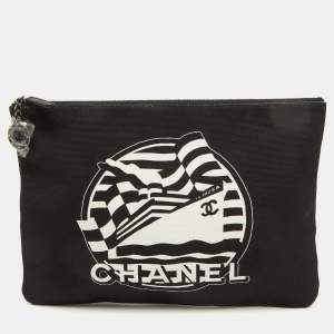 Pre Owned Chanel Black/White Print Canvas La Pausa Medium O-Zip-Case