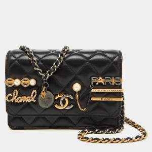 Chanel Black Quilted Leather Coco Clips Mini Wallet On Chain