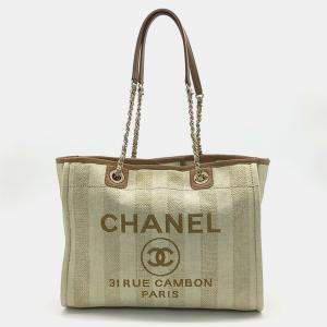 Pre Owned Chanel Beige Brown Canvas Deauville Tote and Shoulder Bag