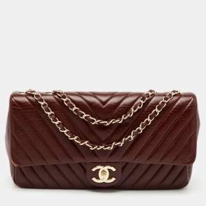 Chanel Burgundy Surpique Chevron Leather Medium Single Flap Bag