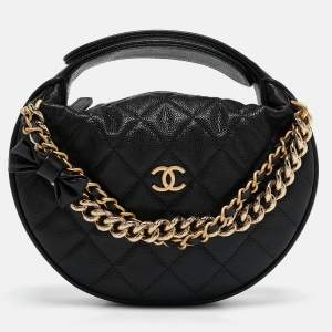 Pre Owned Chanel Black Quilted Shiny Caviar Leather Bow Pouch