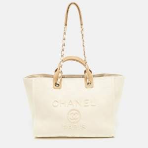 Chanel Tan/Cream Canvas Large Pearl Deauville Shopper Tote