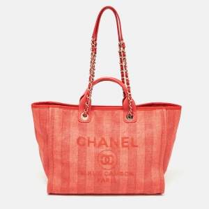 Chanel Red Raffia Striped Large Deauville Shopper Tote