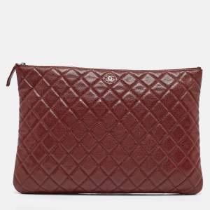 Pre Owned Chanel Red Quilted Caviar Leather Large O Case Pouch