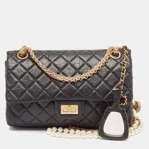 Chanel Black Quilted Aged Leather Reissue 2.55 Pearl Embellished Classic 225 Flap Bag