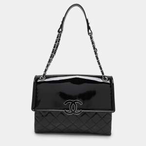 Pre Owned Chanel Black Quilted Patent Leather Double Compartment Flap Bag