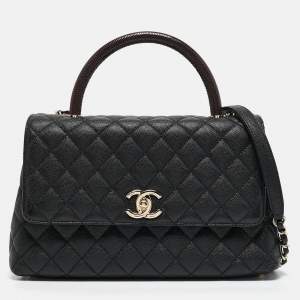 Chanel Black/Burgundy Quilted Caviar and Lizard Embossed Leather Small Coco Top Handle Bag