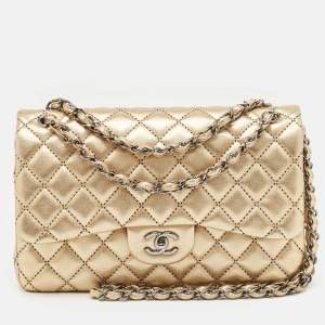 Pre Owned Chanel Gold Stitched Quilted Leather Jumbo Classic Double Flap Bag