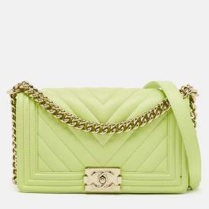 Pre Owned Chanel Light Green Quilted Leather Medium Boy Flap Bag