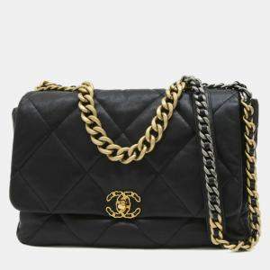Chanel Black Lambskin Leather 19 Maxi Chain Shoulder Bag