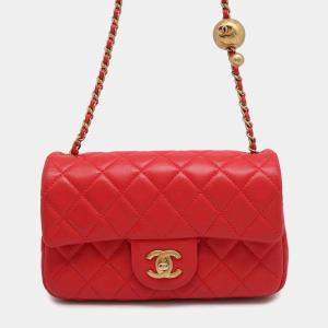 Chanel Red Lambskin Leather Coco Mark Ball Chain Shoulder Bag