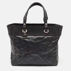 Pre Owned Chanel Black Quilted Coated Fabric Paris Biarritz Bag