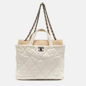 Pre Owned Chanel White Quilted Leather and Suede Portobello Tote