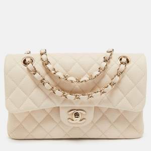 Pre Owned Chanel Cream Quilted Caviar Leather Small Classic Double Flap Bag