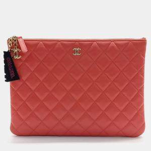 Pre Owned Chanel Red Leather Havana Medium Clutch Bag