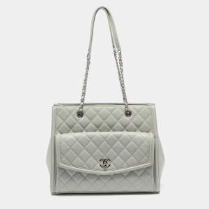 Chanel Light Grey Quilted Leather CC Front Pocket Tote