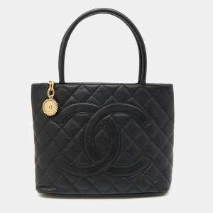 Pre Owned Chanel Black Quilted Caviar Leather Medallion Tote