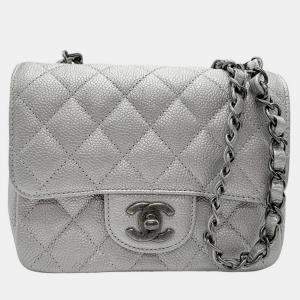 Chanel Silver  Caviar Leather Chain Shoulder Bag