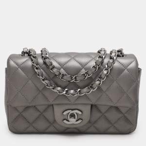 Pre Owned Chanel Dark Grey Quilted Leather Mini Rectangle Classic Single Flap bag