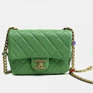 Pre Owned Chanel Green Leather Quilted Mini Pearl Square Flap Bag