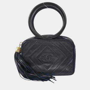 Pre Owned Chanel Navy Lambskin Leather Fringe Handbag 