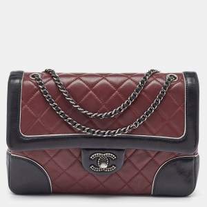 Pre Owned Chanel Red/Black Quilted Leather Engraved CC Contrast Trim Flap Shoulder Bag