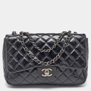 Chanel Black Crinkled Quilted Patent Leather Jumbo Single Flap Bag