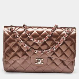 Pre Owned Chanel Antique Rose Quilted Patent Vinyl Jumbo Classic Double Flap Bag