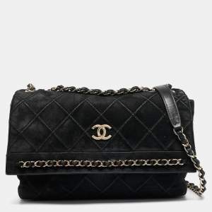 Chanel Black Diamond Stitched Suede Lovely Chains Flap Bag