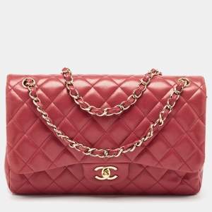Pre Owned Chanel Red Quilted Lambskin Leather Jumbo Classic Double Flap Bag