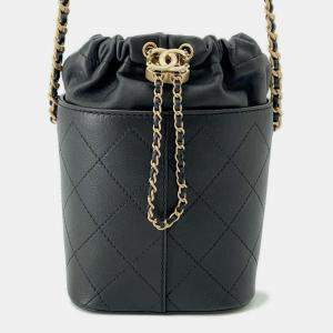 Pre Owned Chanel Matelasse Drawstring Bag Bucket Chain shoulder Bag Black Grained Lambskin