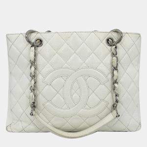 Chanel Quilted White Caviar Grand Shopper Tote