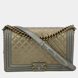 Chanel Gold Silver Leather Medium Boy Bag Classic Flap