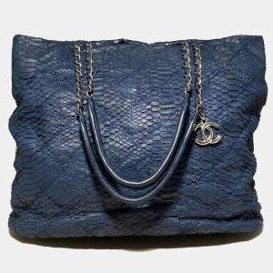 Chanel Navy Blue Quilted Matte Snakeskin Tote