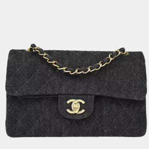 Chanel Black Denim Small Classic Double Flap Shoulder Bag