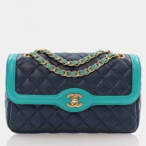 Chanel Medium Navy Turquoise Two Tone Lambskin Single Flap Bag
