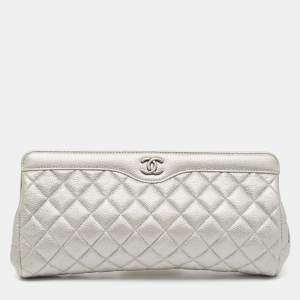 Pre Owned Chanel Silver Quilted Caviar Leather CC Frame Clutch