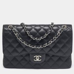 Pre Owned Chanel Black Quilted Caviar Leather Jumbo Classic Double Flap Bag
