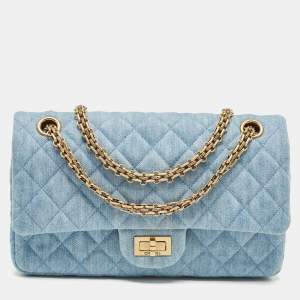 Pre Owned Chanel Light Blue Quilted Denim Classic 225 Reissue 2.55 Flap Bag