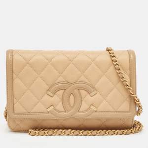 Chanel Beige Quilted Caviar Leather Filigree Wallet on Chain
