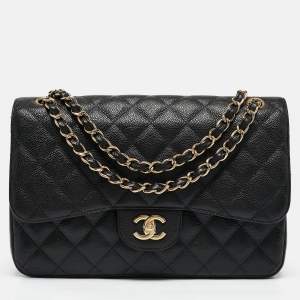 Chanel Black Quilted Caviar Leather Jumbo Classic Double Flap Bag
