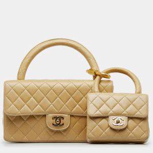 Pre Owned Chanel Beige Lambskin Parent Child Kelly Set Top Handle Bag