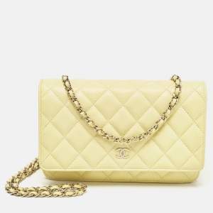 Chanel Yellow Quilted Caviar Leather Classic Wallet on Chain