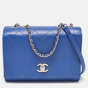 Pre Owned Chanel Blue Stitched Leather Large Single Flap Bag