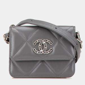 Chanel Grey Lambskin Leather 19 Flap Coin Purse with Chain