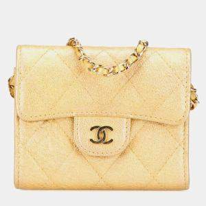 Chanel Gold Caviar Leather Quilted Iridescent Flap Card Holder on Chain