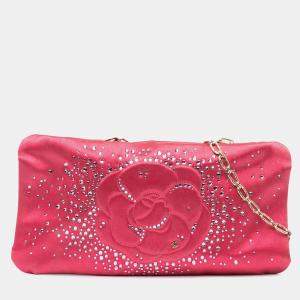  Chanel Pink Satin Diamante Camellia Clutch with Chain