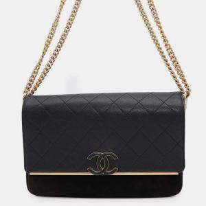 Chanel Matelasse Cc Logo Chain Black Caviar Leather Suede Shoulder Bag