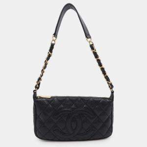 Chanel Black Caviar Leather One Belt Cc Logo Semi Shoulder Bag 